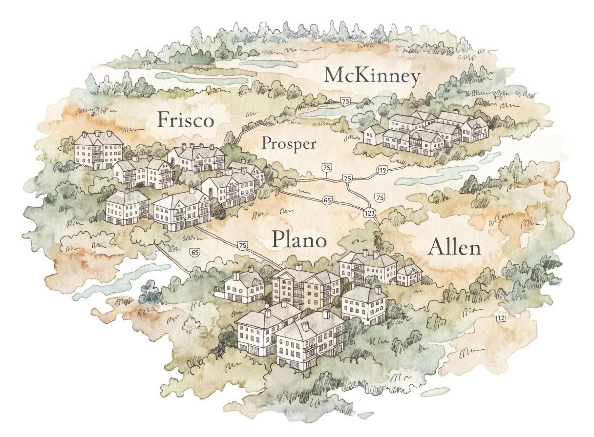 Stylized map of the Collin and Denton County service area