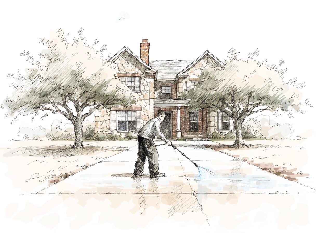 Illustration of pressure washing service on a suburban driveway
