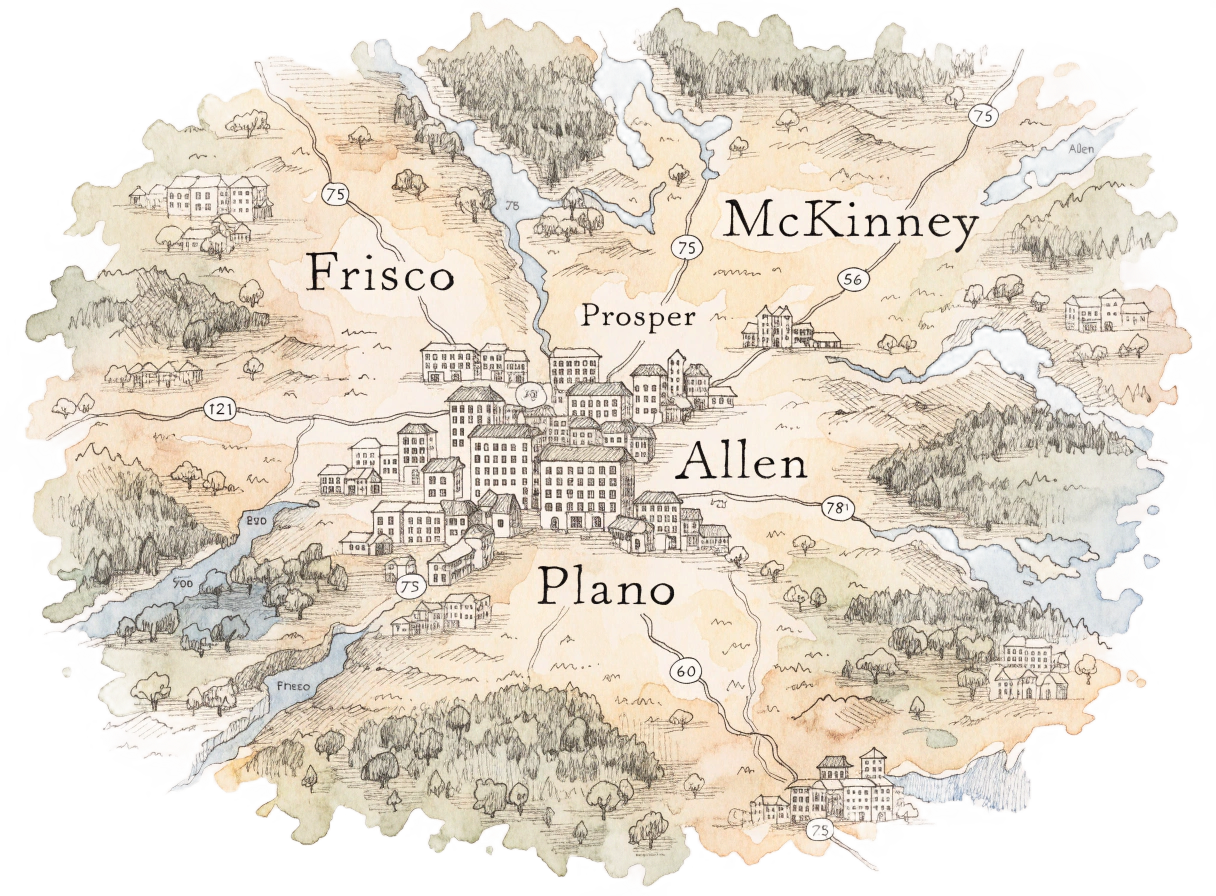 Stylized map of the Collin and Denton County service area